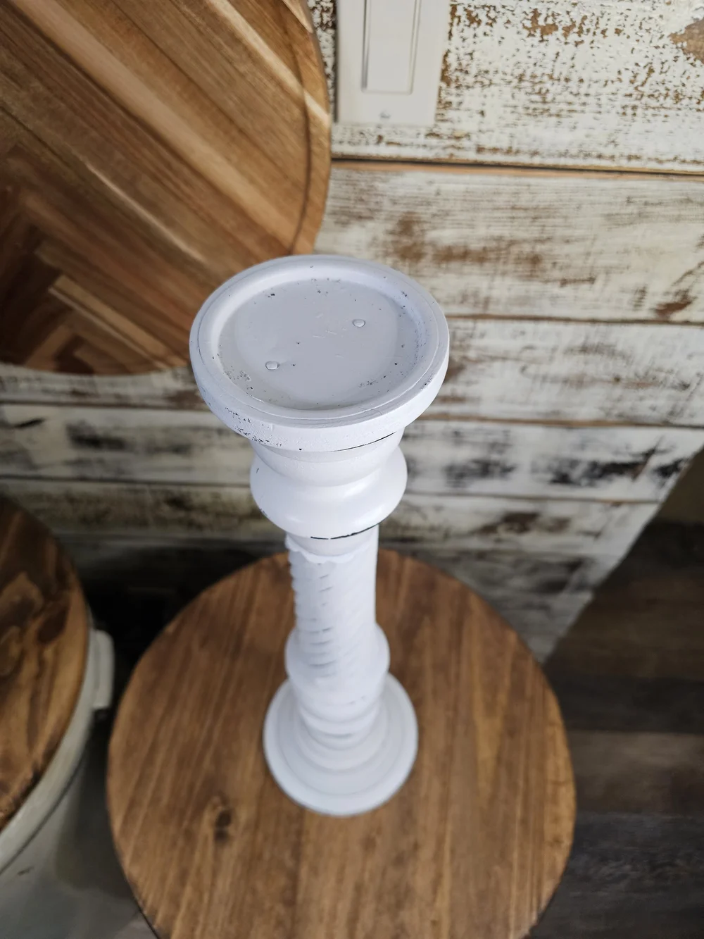 Tall Rustic/Farmhouse White Distressed Wooden Candle Holder